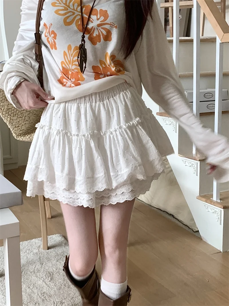 

Юбка-полусолнце Kumikumi Sweet Style с белой кружевной отделкой и эластичной талией, женская повседневная весенняя юбка-кейк для коррекции фигуры и омоложения