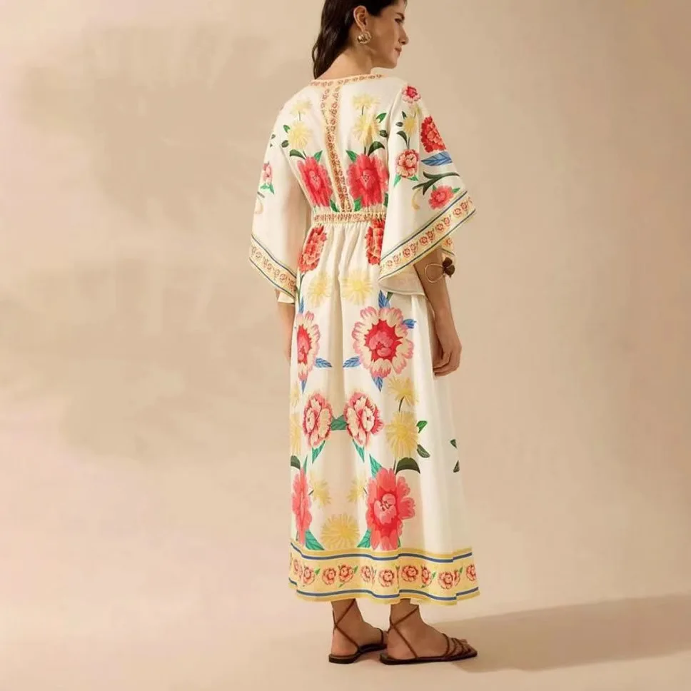 Verão vintage planta com decote em v bohe vestidos 2025 feminino elegante meia manga solta vestido de festa casual cintura alta balanço a linha vestido