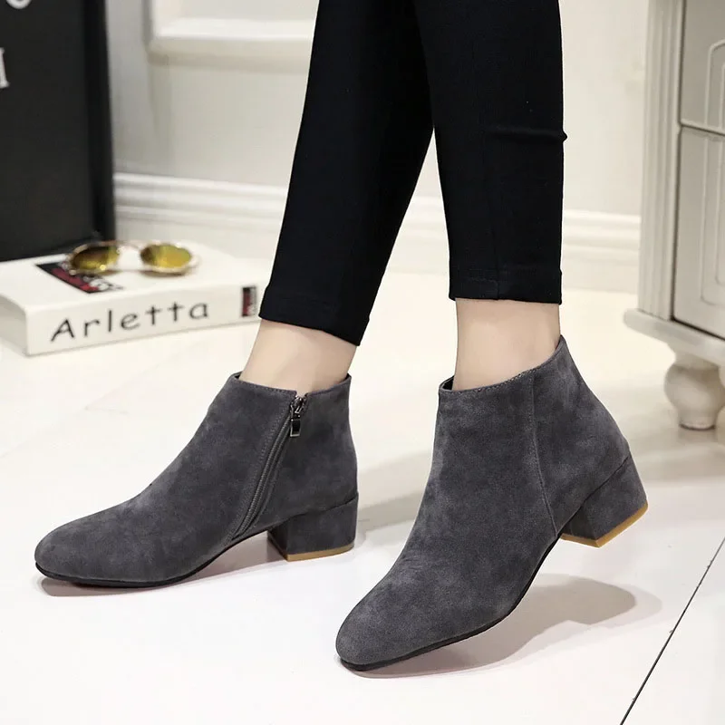 Ankle Boots Women Autumn 2024 Chunky Low Heel All-match Short Botas Solid Size Zipper Female Shoes Casual Black Botas Para Dama