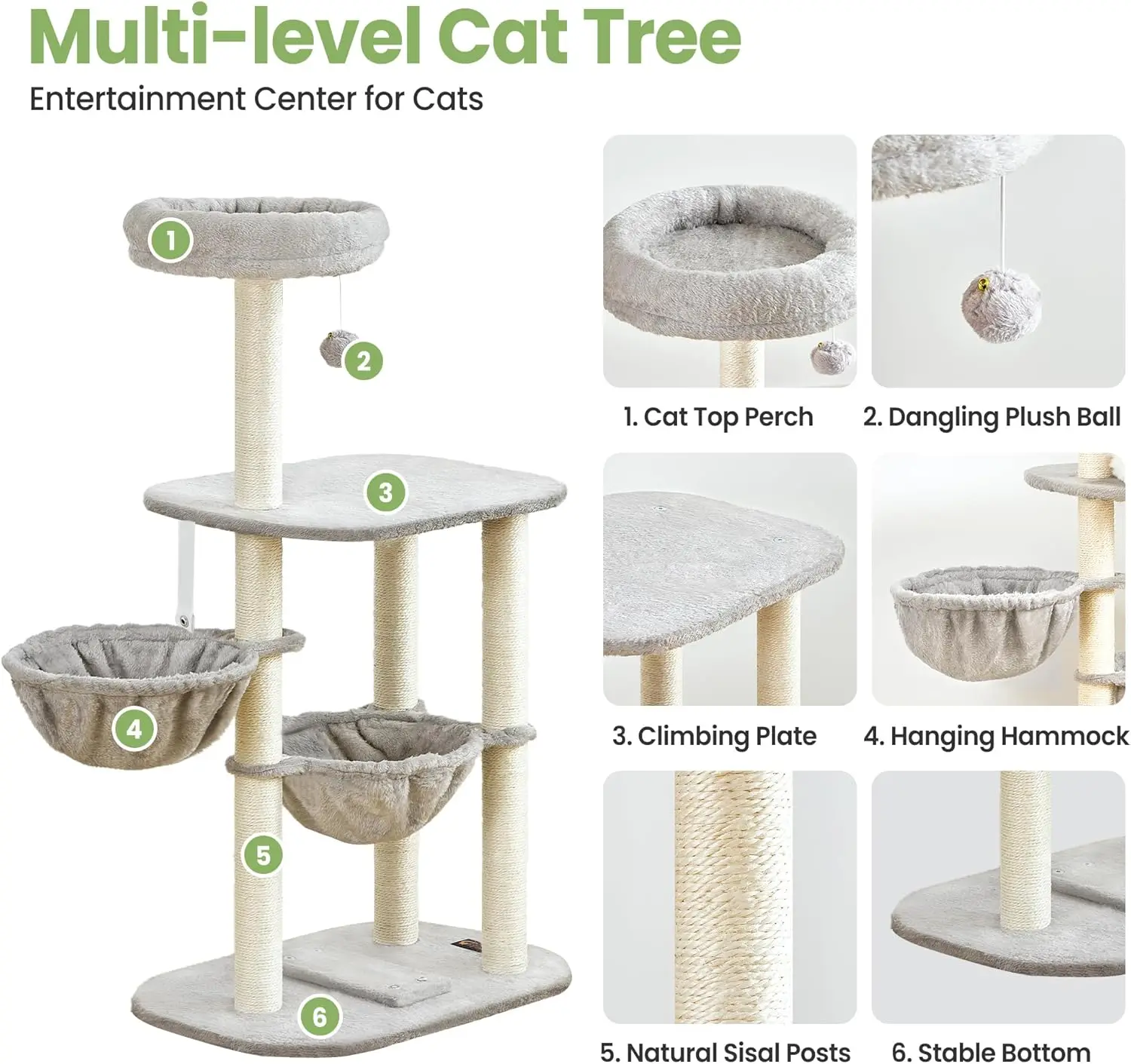 Indoor Corner Use, Multi - Level Cat Tree in Gray, Compact with Hammock, Perch and Multiple Scratching Posts for 2 Kitties