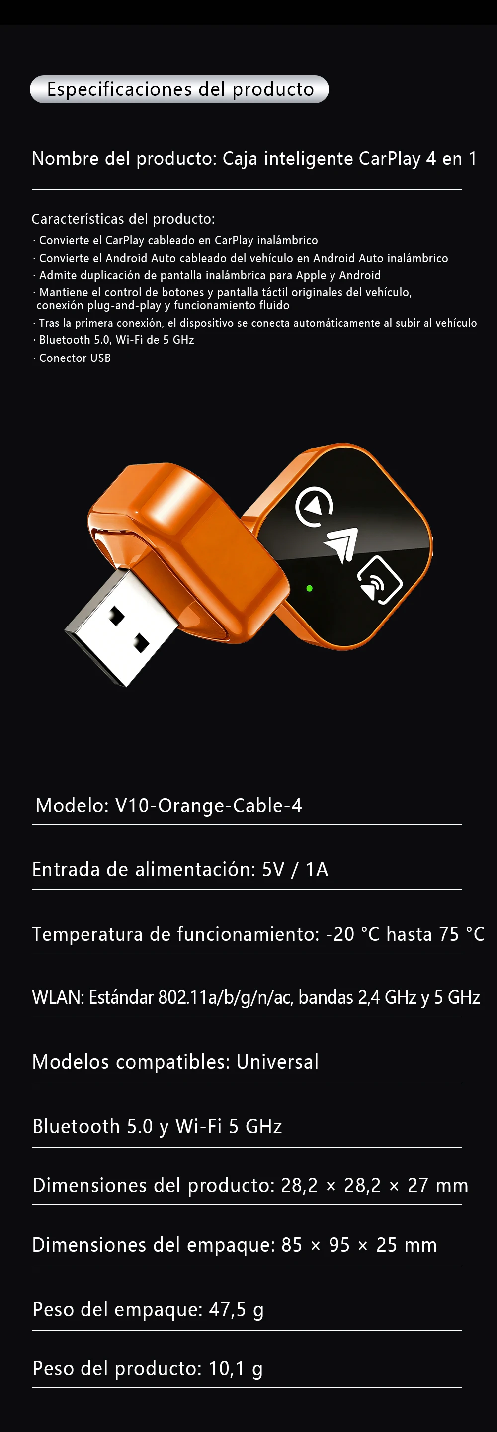 4-in-1 Kabelloser Carplay-Adapter, Multifunktions-Dongle für Carplay/Android Auto/Airplay/Mirror Link, Plug-and-Play WLAN 5GHz Kompatibel mit 98% aller Autos mit Original-Carplay ﻿ – Detail 15