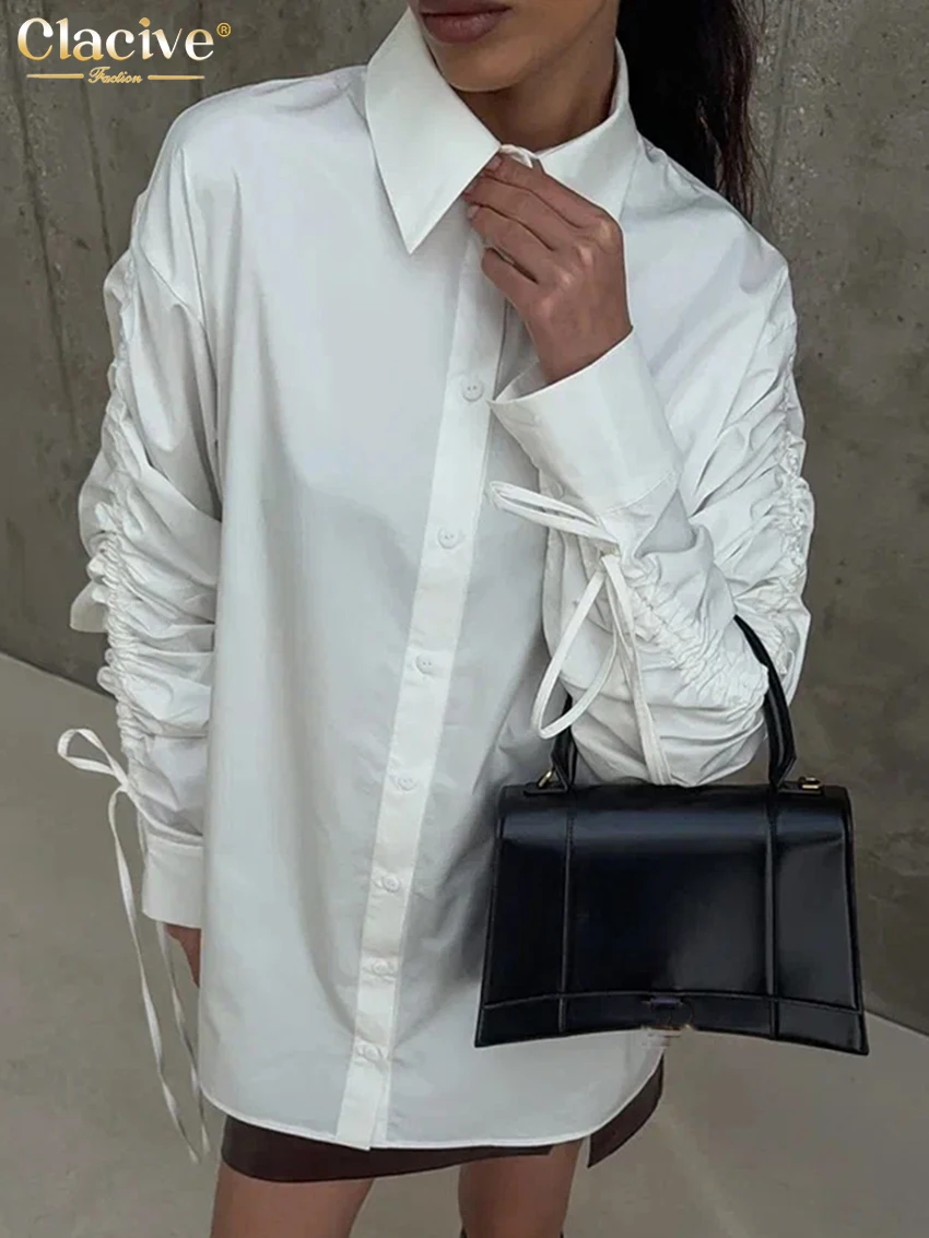 Clacive Fashion Loose White Cotton Women Blouse 2025 Casual Lapel Long Sleeve Shirt Elegant Classic Lace-Up Top Female Clothing