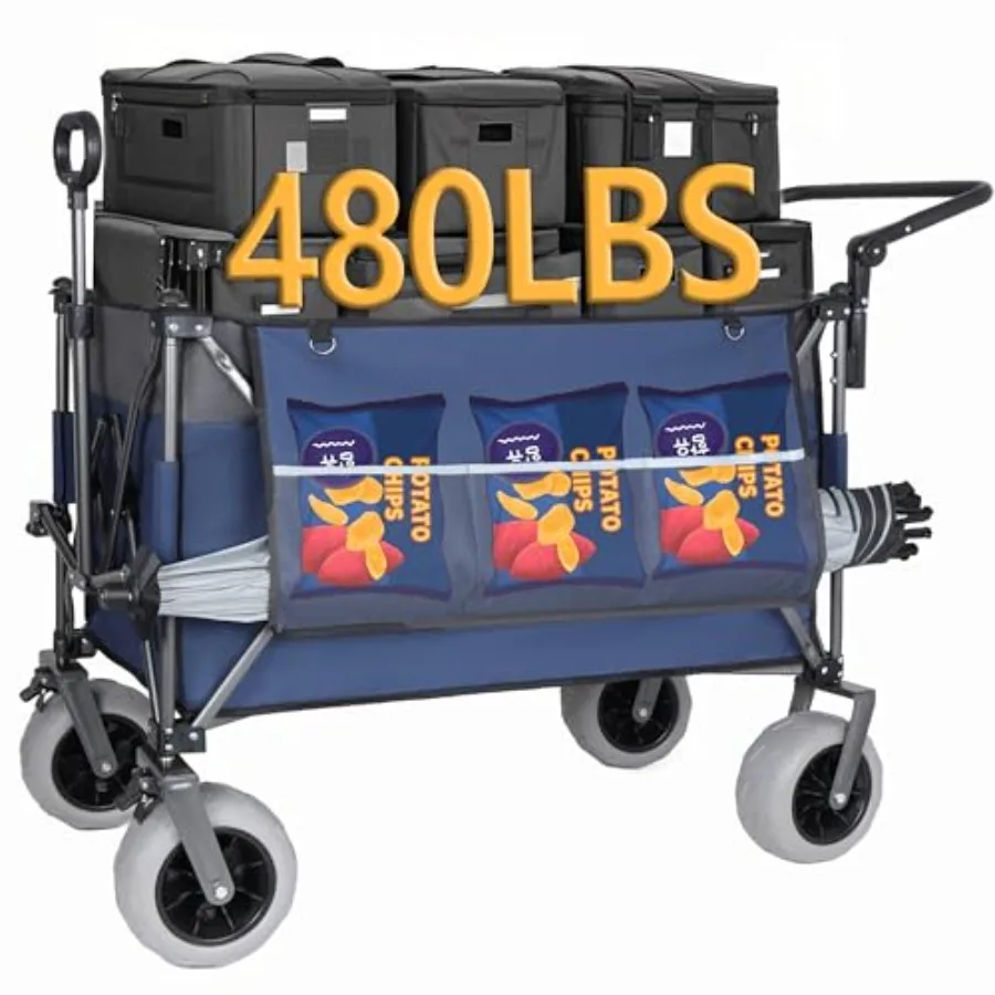 Heavy Duty Beach Wagon Cart for Sand Camping Garden Sports, Steel Frame Blue Folding Utility Wagon with Big Wheels, 300L Capaci