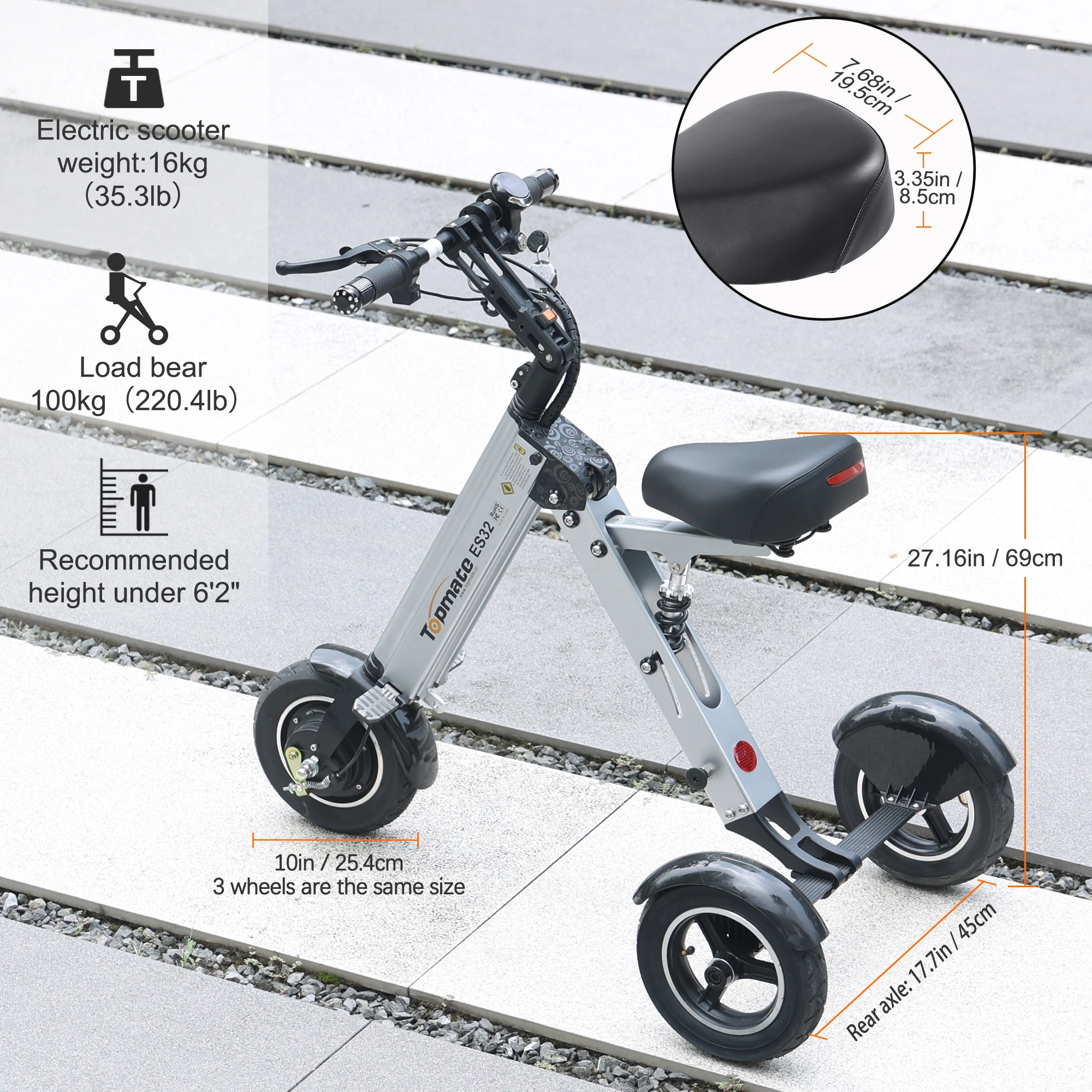 TopMate ES32 Electric Scooter 3 Wheels Foldable Trike with Seat for Adults, Light Weight Mobility with Reverse Function and Key