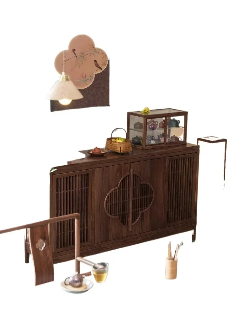 

New Chinese style black walnut side cabinet low cabinet porch locker solid wood tea cabinet shelf Song style aesthetics