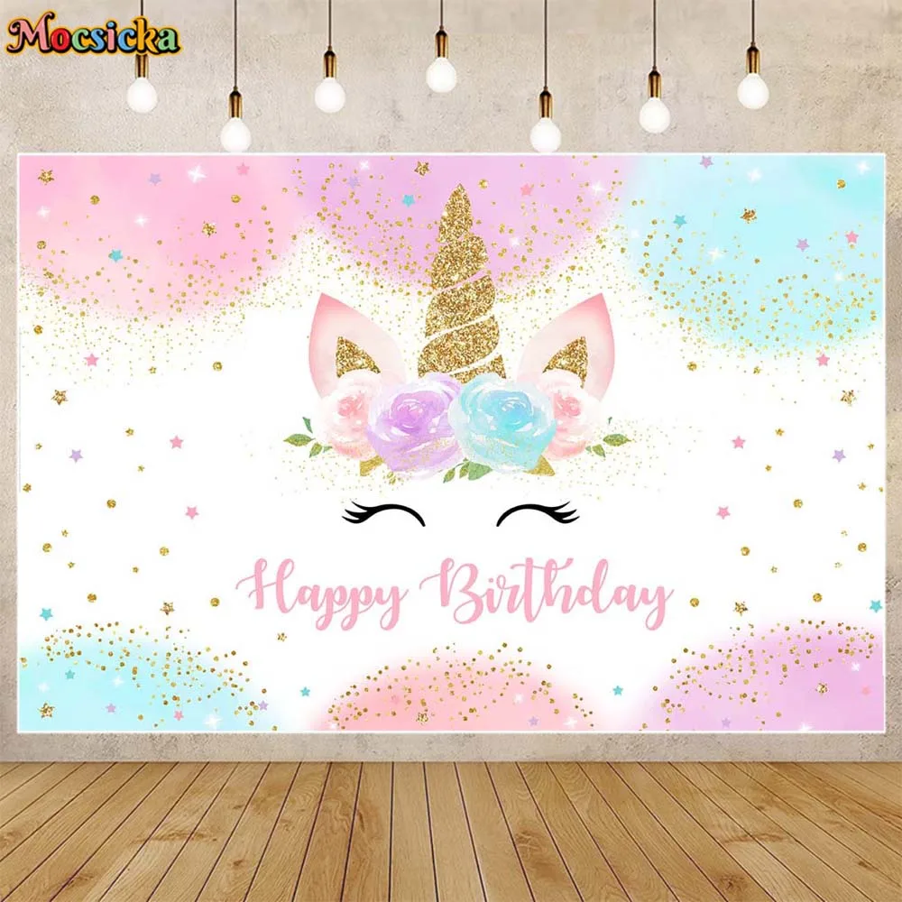 

Mocsicka Unicorn Birthday Backdrop Girl Birthday Party Decor Photo Background Gold Star Unicorn Custom Banner Photo Studio Props