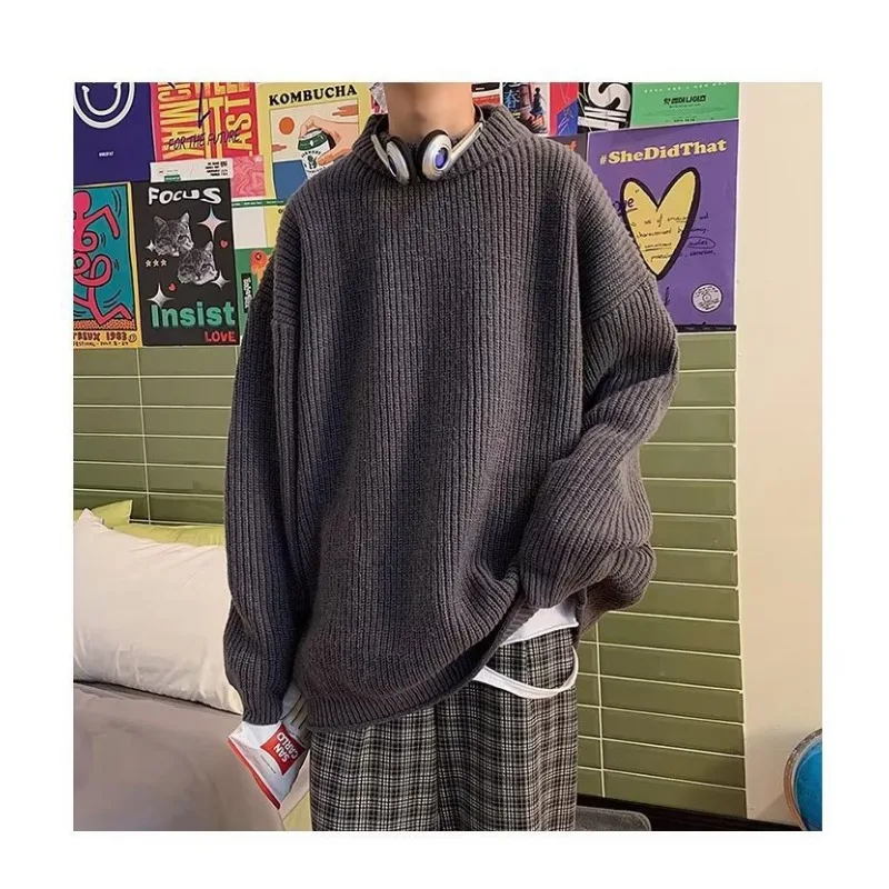 

Autumn Winter Crew Neck Sweaters for Men Japanese Style Loose Knitwear Hong Kong Style Trendy Winter Thickened Solid Sweaters
