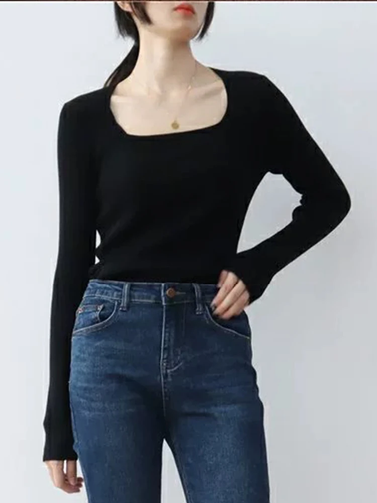 Slim-fit Square Collar Women Sweater Long Sleeve Knitted Pullovers Solid Jumpers Basic Soft Sweaters Women Autumn Winter Tops