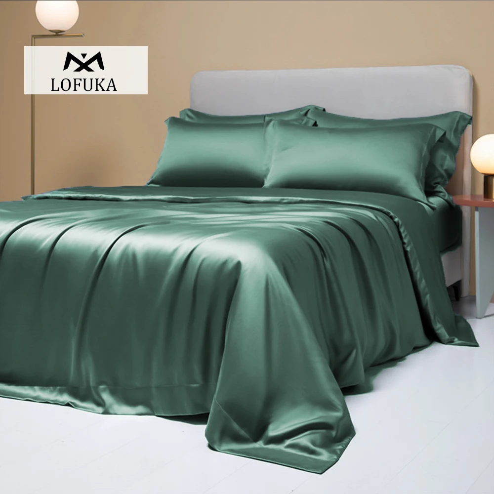 

Lofuka Noble 100% Pure Silk Dark Green Bedding Set Beauty Double Queen King Quilt Cover Flat Sheet Pillowcase For Healthy Sleep