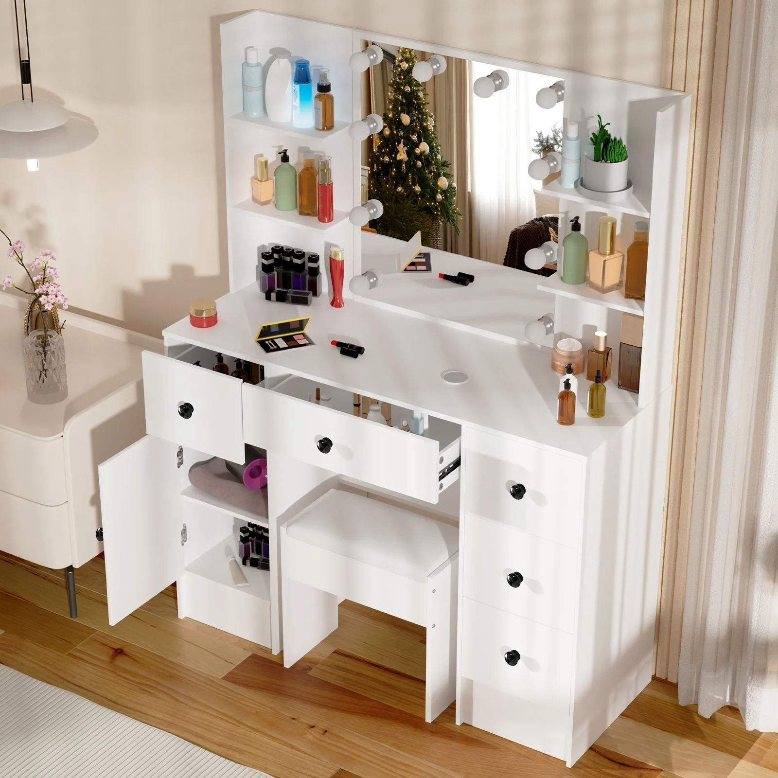 Teousev White Modern Vanity Set with 10 LED Lighted Mirror 5 Drawers & Stool 3 Color Dimmable Easy Assembly Bedroom Dressers image 6