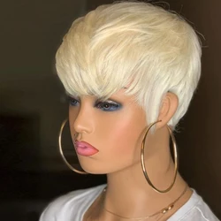 Krótkie fryzura Pixie peruka z prostymi włosami brazylijskie włosy Remy ludzkie włosy peruki z grzywką 613 miód blond peruka brazylijska bezklejowa peruka