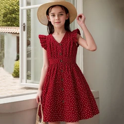 Dress For Kids Red Fly-Sleeve V-neck Polka Dot Long Dress 2025 New Summer Birthday Holiday Casual Fashion Vintage Girls Dress