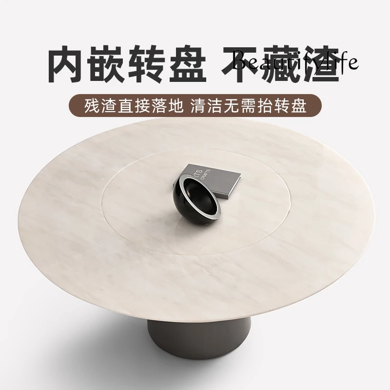 Italian modern minimalist round table/natural stone + inlaid turntable/round marble dining table