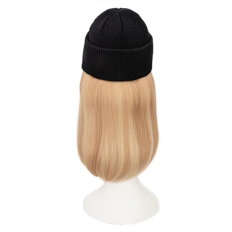 冬の灰色ブロンドショートストレートヘアエクステンション11インチニット帽ヘアピース女性用女の子用：スタイリッシュで暖かいヘアソリューション