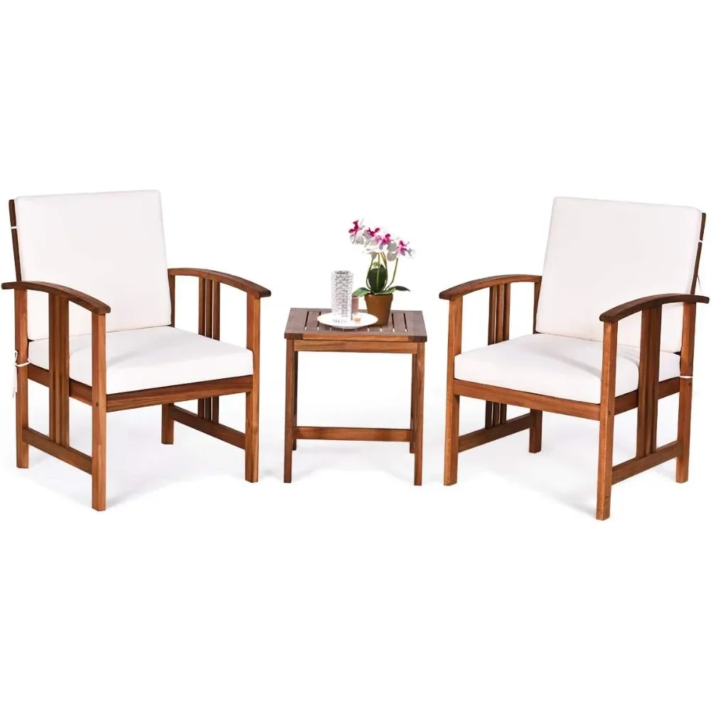 

Patio Furniture Set, Includes Set of 2 Outdoor Acacia Wood Cushioned Chairs and Coffee Table, for Garden