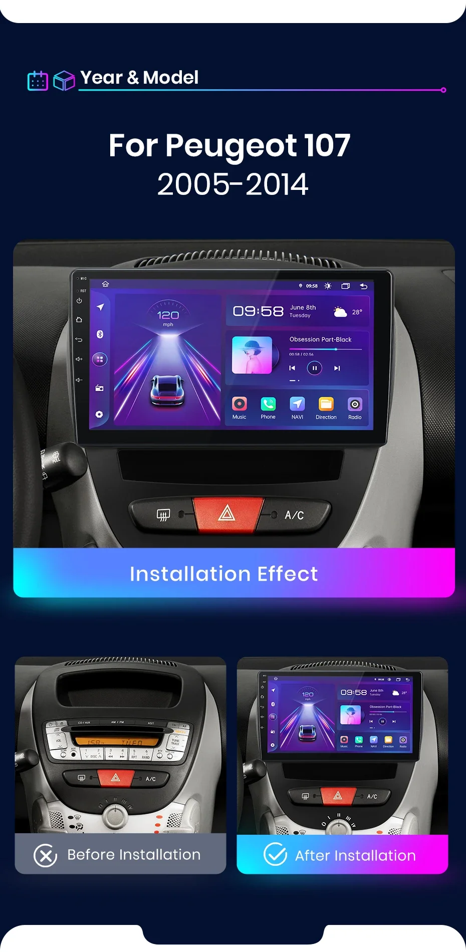 Junsun AI 4G LTE Kabelloses CarPlay Android Auto Autoradio für Peugeot 107 Toyota Aygo Citroen C1 2005-2014 GPS Navi BT DSP RDS FM – Detail 4