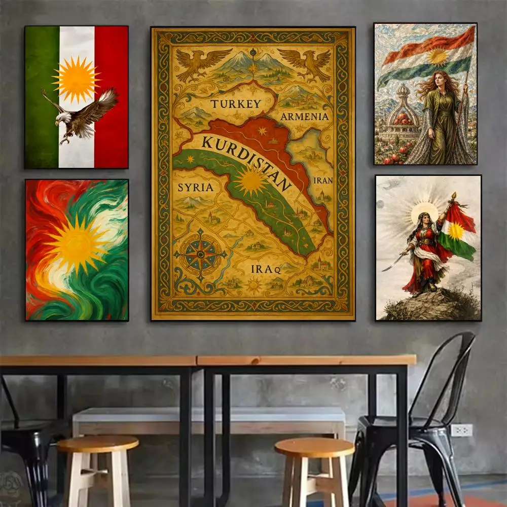 Póster con mapa de la bandera kurda, decoración estética para el hogar, dormitorio, bar, pasillo, arte de pared adhesivo, impresión artística