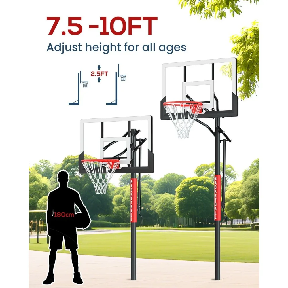 Verstelbaar basketbalringsysteem voor buiten, 7,5-10ft met slinger, geschikt voor alle leeftijden, 45-54 inch gehard glazen bord