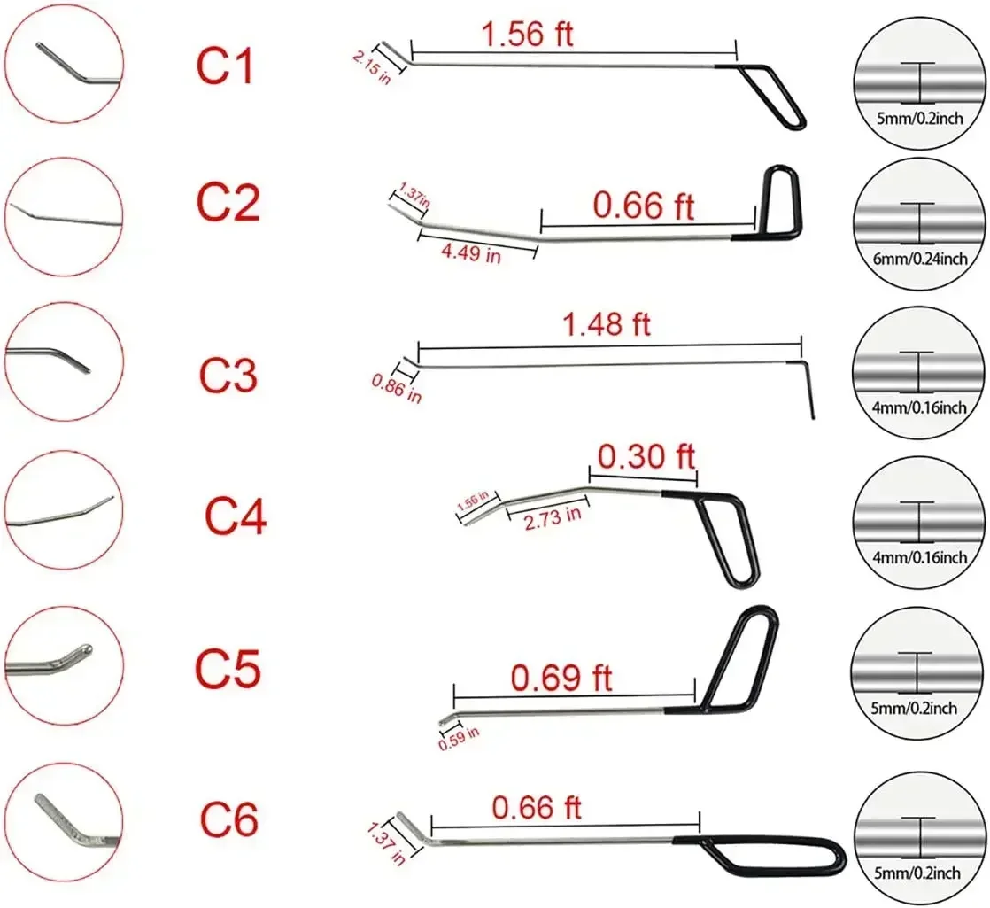 Karosserie-Dellen-Entfernungs-Set mit Brechstangen, Haken und Schubstangen für die Reparatur von Hagelschäden an Autos für Autowerkstätten – Detail 2
