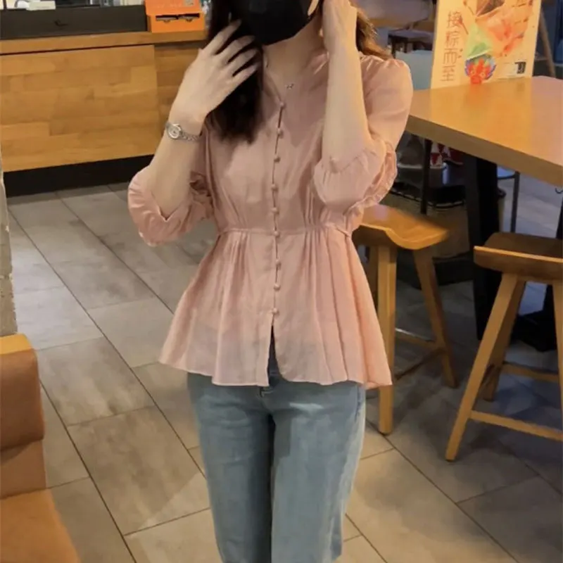 Spring Summer Solid Color Waist Shirt Commute 3/4 Sleeve Female Clothing Single-breasted Stylish Folds Spliced Drawstring Blouse