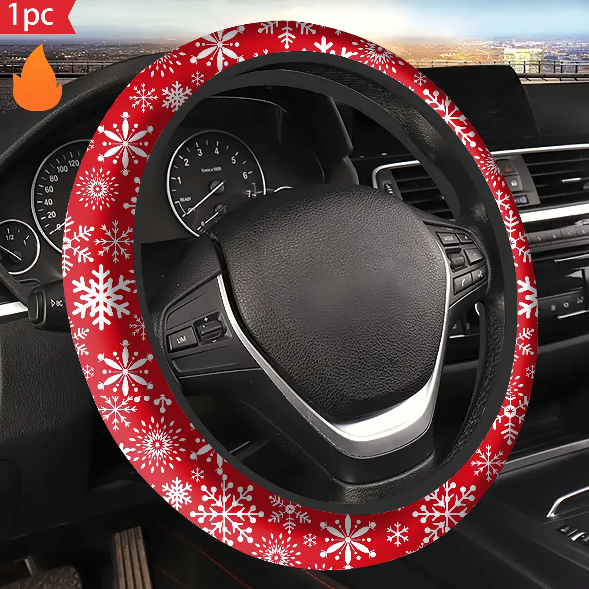 1pc Festive White Snowflake Christmas Car Steering Wheel Cover - 15-Inch Non-Slip Chloroprene Rubber, Red & White Holiday Design