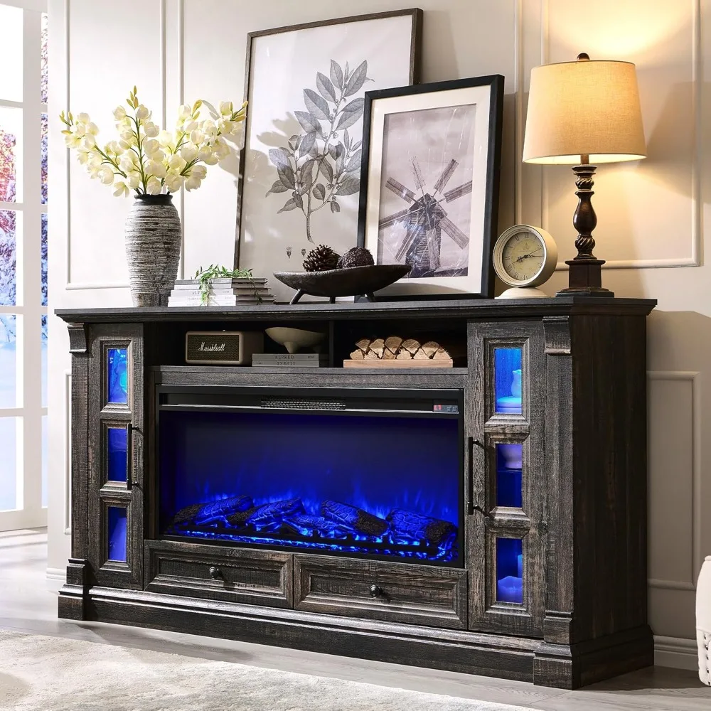 

TV Stand with Fireplace for up-to-80 TV, Farmhouse 72" Entertainment Center with 42" Electric Fireplace, TV Console with Glass