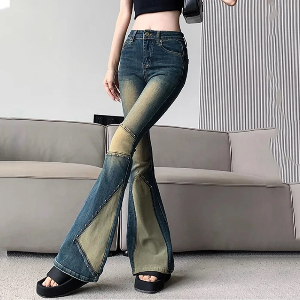 Women's Flare Jeans 2024 Spring Autumn New American Retro Washed Denim Pants Female High Waist Fashion Rivet Slim Trousers Lady