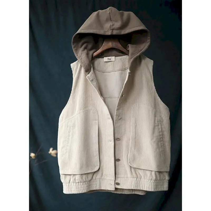 Casual vest met capuchon Lente herfst Trendy corduroy vest Losse kleur bijpassende mouwloze hoodie Grote zakvestjassen