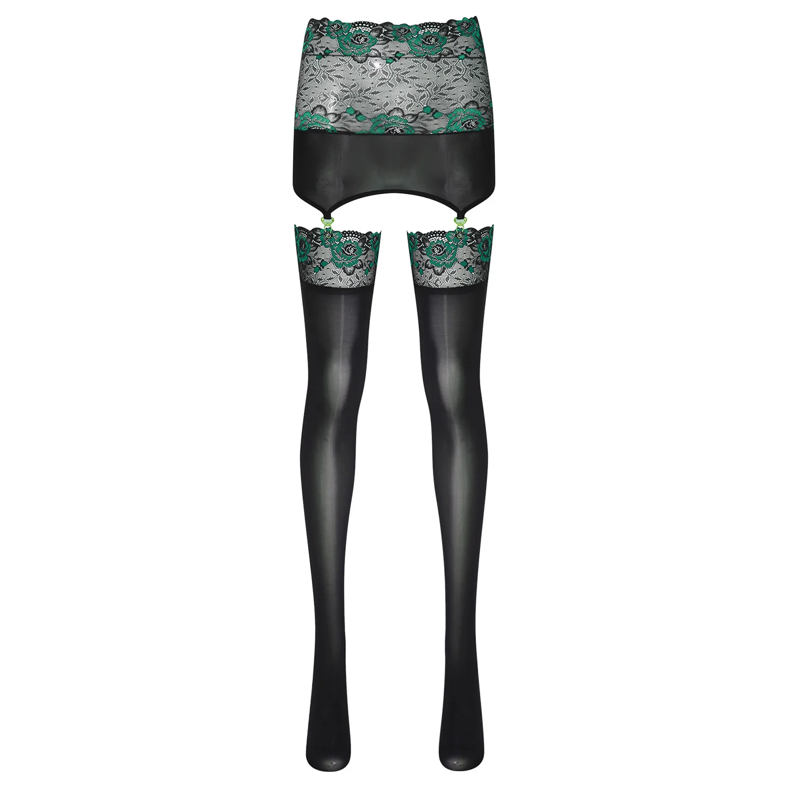 Womens Glossy Bodycon Skirt with Garters Suspender Stockings Floral Lace Trim High Waist Miniskirt Hollow Out Tights Pantyhose