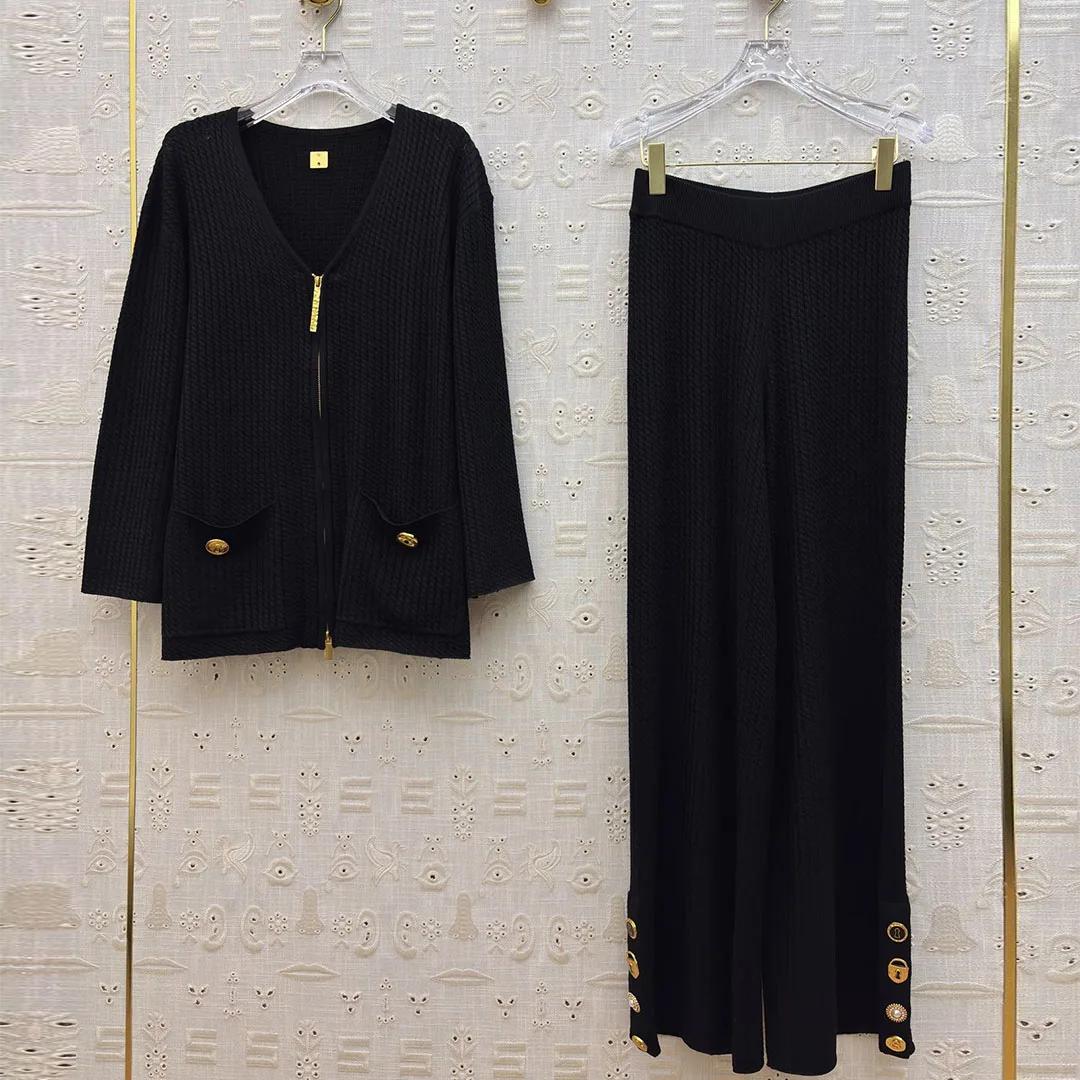 

New Spring Autumn Two-piece Sweater Set Women V-neck Gold Zipper Long Sleeve Twist Crochet Cardigans Women Sweater with Pants