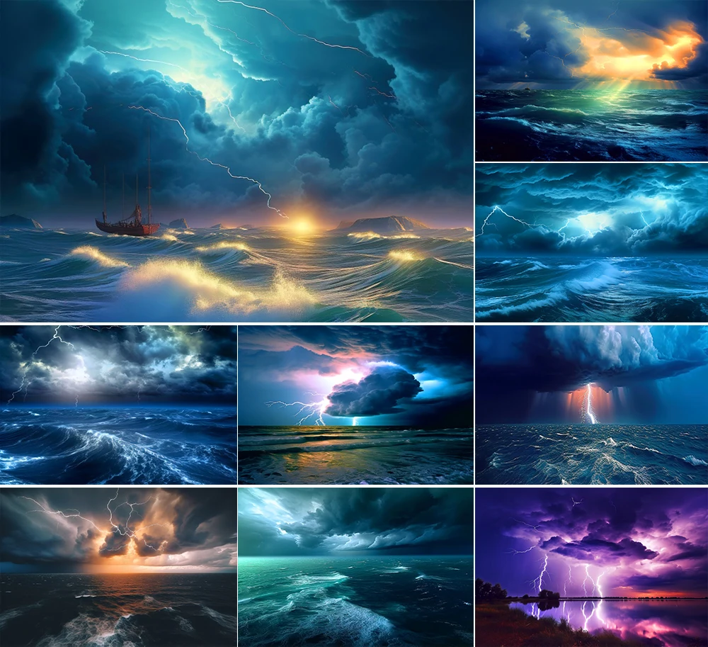 Fondo de relámpago de trueno de tormenta de mar, océano azul, desastre Natural, cielo tormenta, nubes oscuras, decoración para sesión de fotos de película, fondo de fotografía