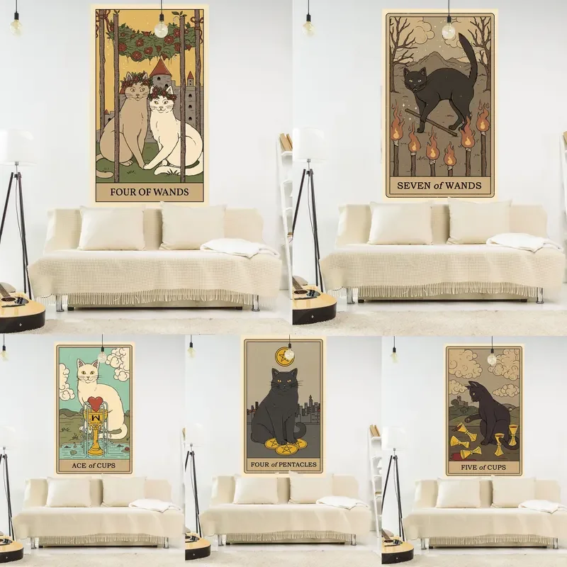 Sonne Mond Katze Tapisserie Wandbehang Tarot Retro Schwarz Weiß Katze Psychedelic Liebe Stern Für Wohnzimmer Hause Wohnheim Dekor Tuch Gi # 0@