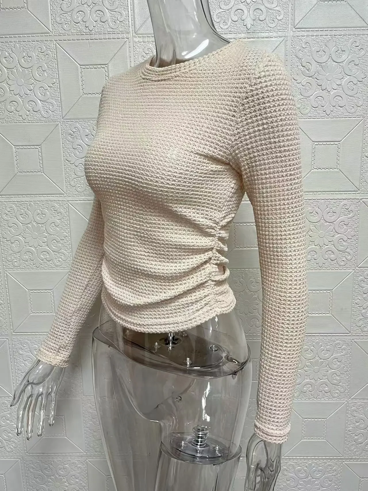 Slim Cropped T-shirt Tops  Women's Round Collar Long Sleeve Waffle Plaid