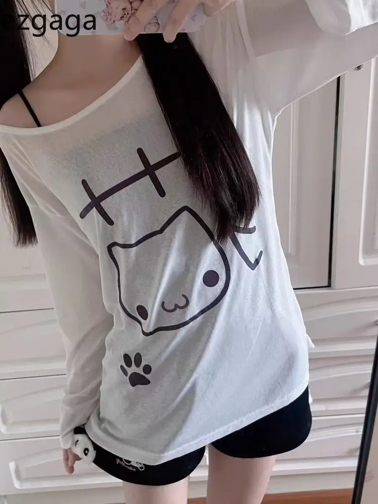 

Ezgaga Women T Shirts Cartoon Printed Long Sleeve Sweet Cut Autumn New Fashion Y2k Harajuku Tops Ladies Casual Tee Shirt