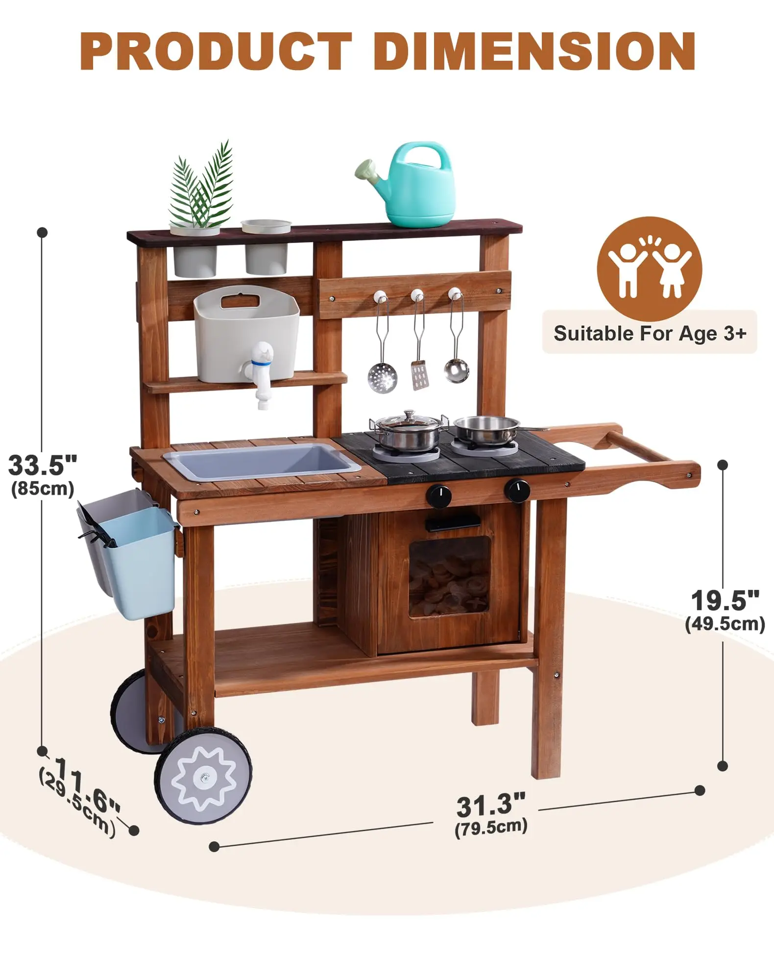 ROBOTIME ROBUD Cuisine de boue en bois extérieure avec roulettes Cuisine de jeu avec évier et robinet amovibles, jouets Monteeori pour enfants âgés de 3 ans et plus
