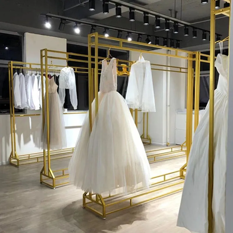Wedding clothing store wedding dress rack floor-to-ceiling display wrought iron hanger gold hanging wedding