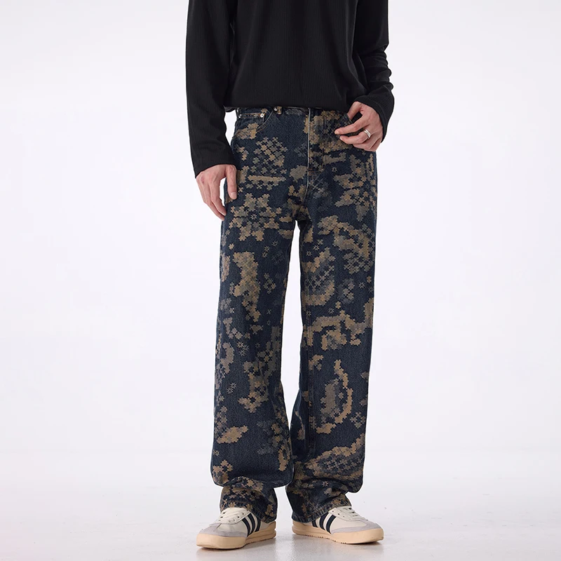 

Men's Chic Jacquard Wide Leg Jeans Dark Blue Vintage Washed Denim Pants Loose Fit Streetwear Trousers Casual Bottoms