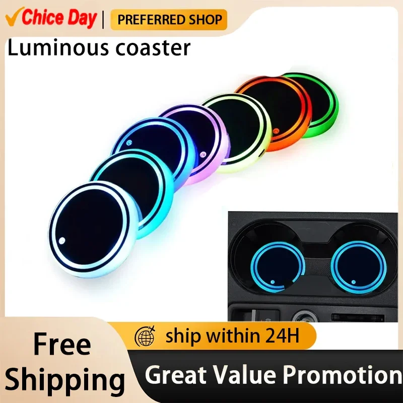 7 Color Changing LED Light Car Cup Holder Lights Decorative Ambient Lighting Glowing Coaster Pads USB Charging Anti Slip Coaster