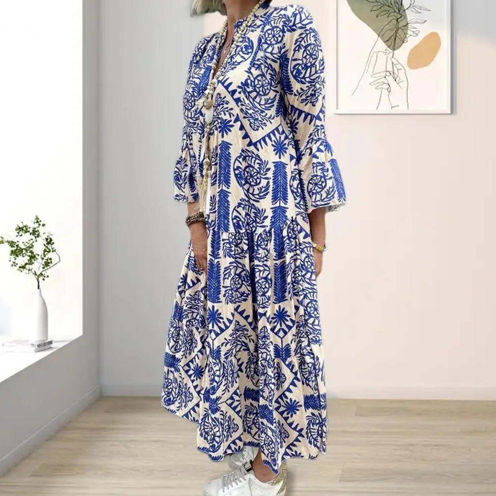 Spring Summer Women Dress V Neck Floral Print Loose A-line Big Swing Long Sleeves Bohemian Ethnic Plus Size Beach Maxi Dress