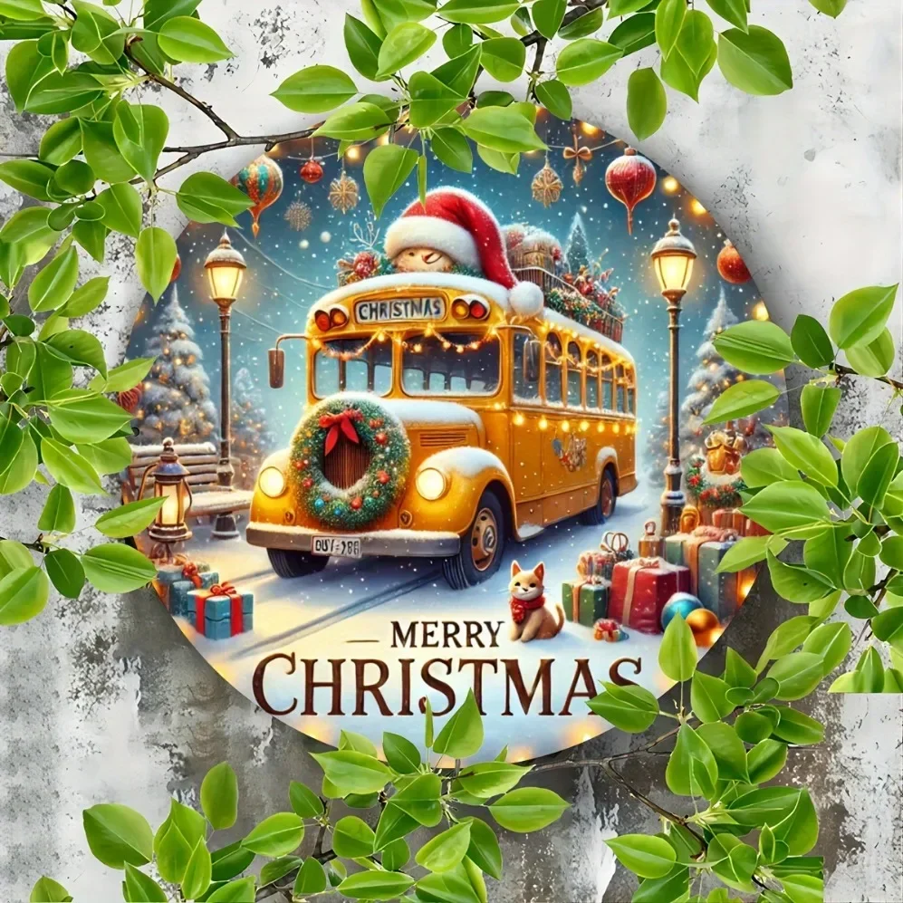 لافتة حافلة صفراء لعيد الميلاد الريفي، لوحة، حافلة ثلجية احتفالية مع إكليل وقبعة سانتا، تحية "عيد ميلاد سعيد"