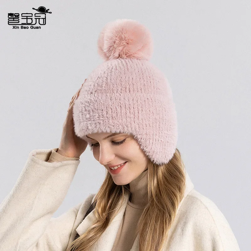 Winter New Korean Ear Cover Knit Hat Versatile Fleece Warm Pom Pom Beanie Women EU US