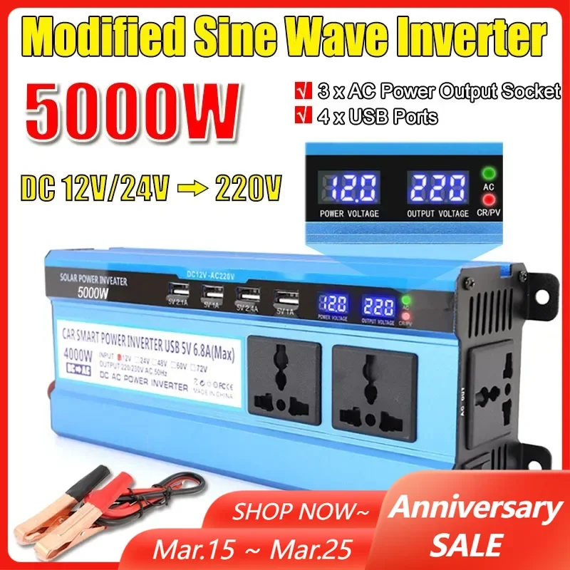 

5000/4000/3000W Modified Sine Wave Power Inverter 4USB Double LCD Display DC 12V/24V TO 220V Voltage Transformer Power Inverter
