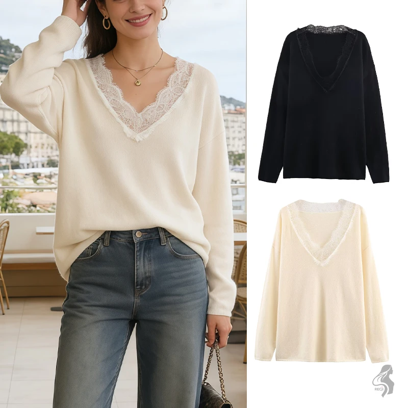 

Womens V Neck Lace Trim Loose Long Sleeve Top Simple And Versatile Knitwear Suitable For Work And Casual Layering Woman Clothes
