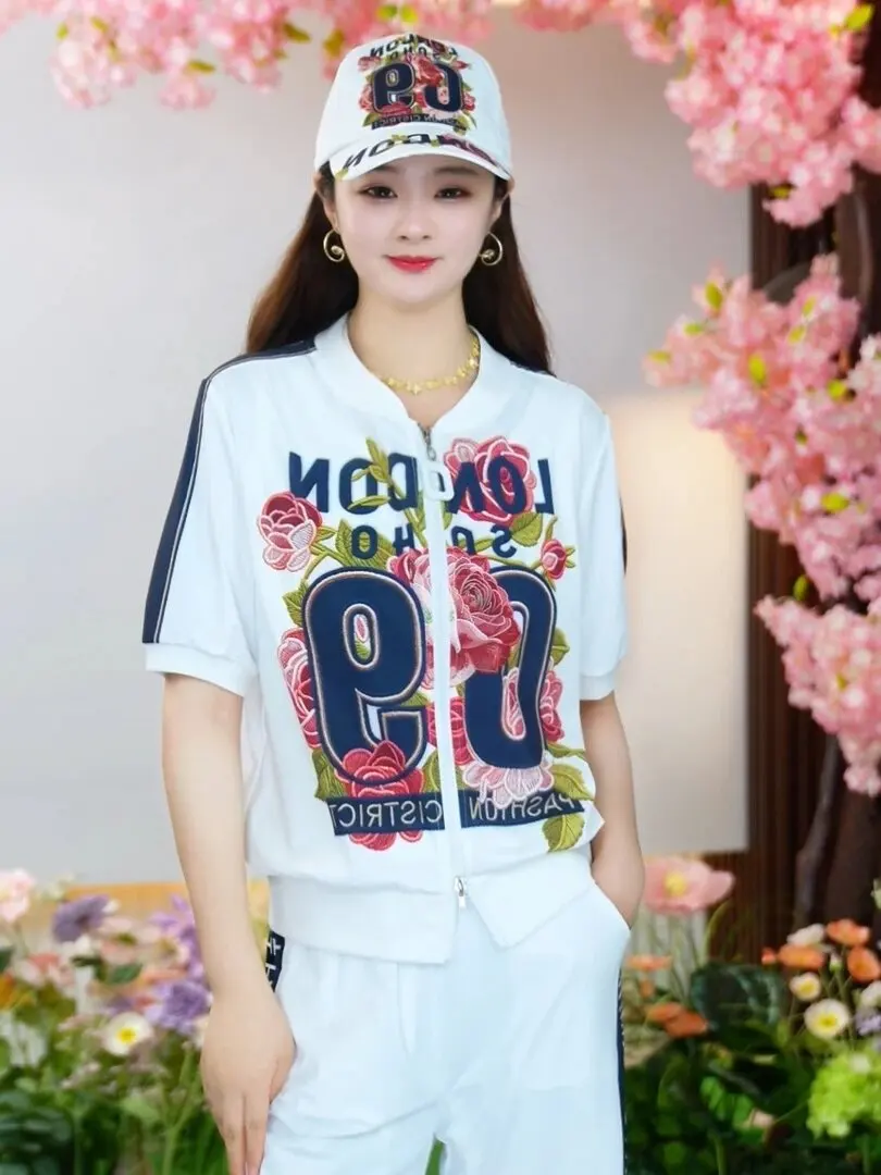 Cool Comfort Summer Aesthetic Flower London Art Track Suit Set Short Sleeve Zip-Up Top & Pants Casual Outfit Sweet Elegant Lady