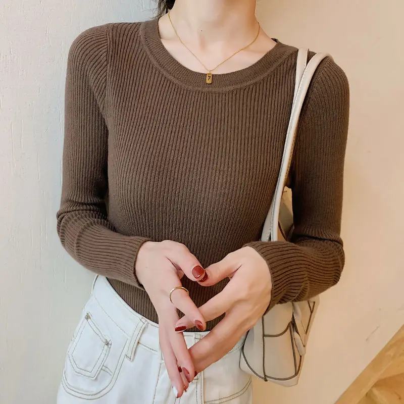 Autumn Winter New Fashion Round Neck Long Sleeve Women\'s Clothing Pullovers Slim Solid Color Knitting Korean All-match Blouses