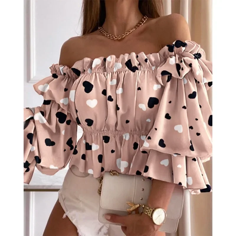 Dames S-XL Maat Zomer Casual T-Shirt Één Lijn Hals Off Shoulder Mode Gedrukt T-Shirt Lange Mouwen Sexy Top Taille