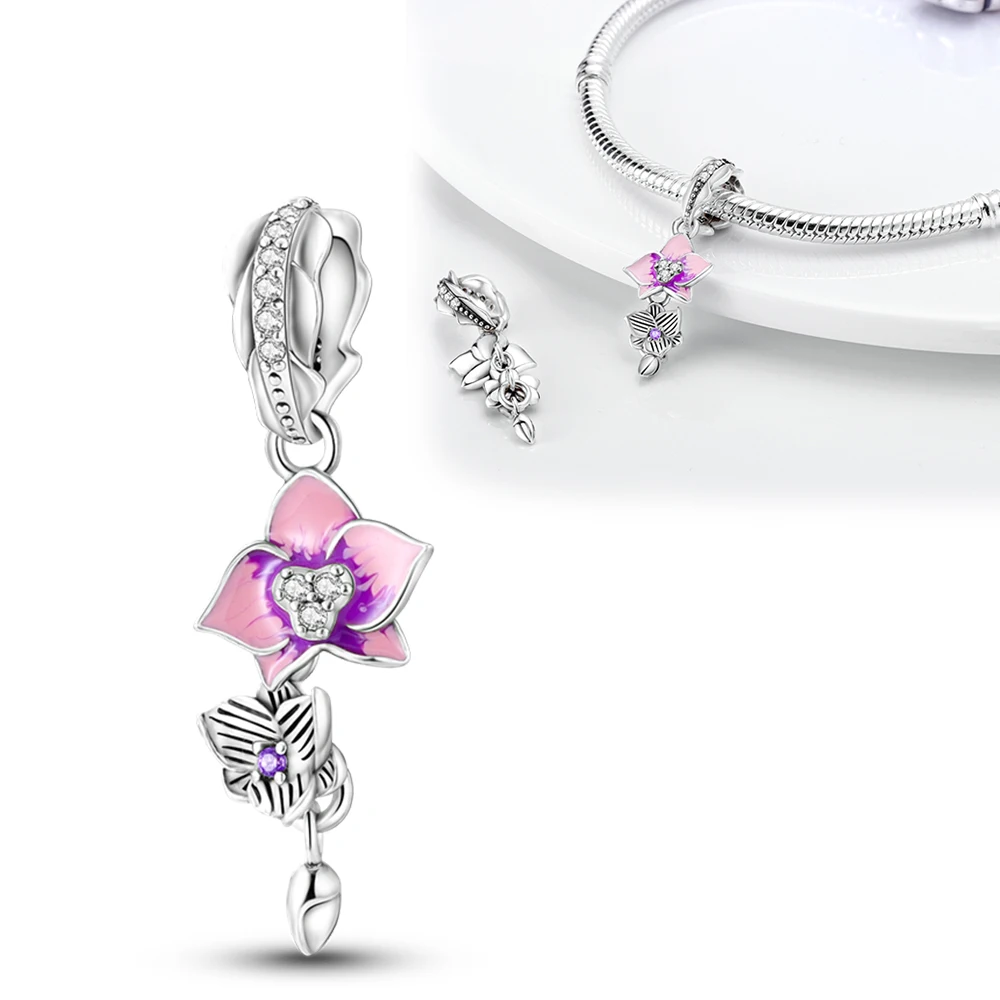 925 Sterling Silver Pink Daisy Pendant, Fits Original Pulseira Pandora, Jóias Fazendo Encantos