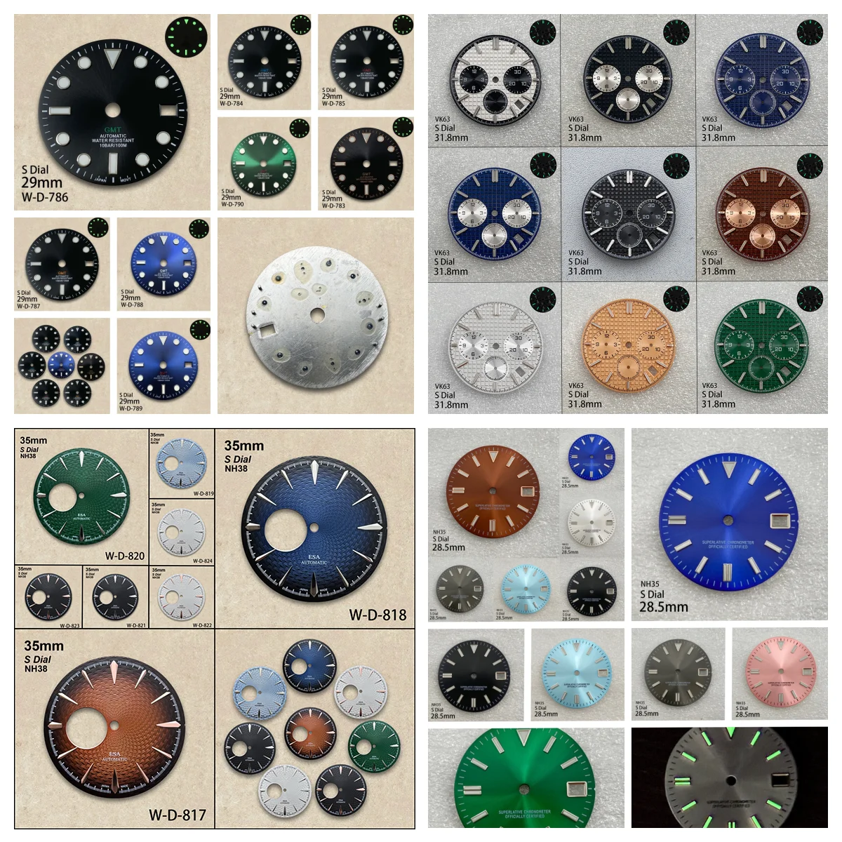 28.5/29/31.8/35 mm GMT/Cocktail/Oak S Dial Fit NH34/NH35/NH38/VK63 Movement Green Luminous Watch Modification Accessories