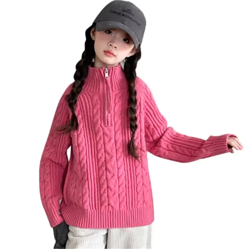 New Spring Kids Turtleneck Sweater for Girl with Zipper Teenage Rose Red High Neck Knitwear Child Half-Lock Knitted Outfits