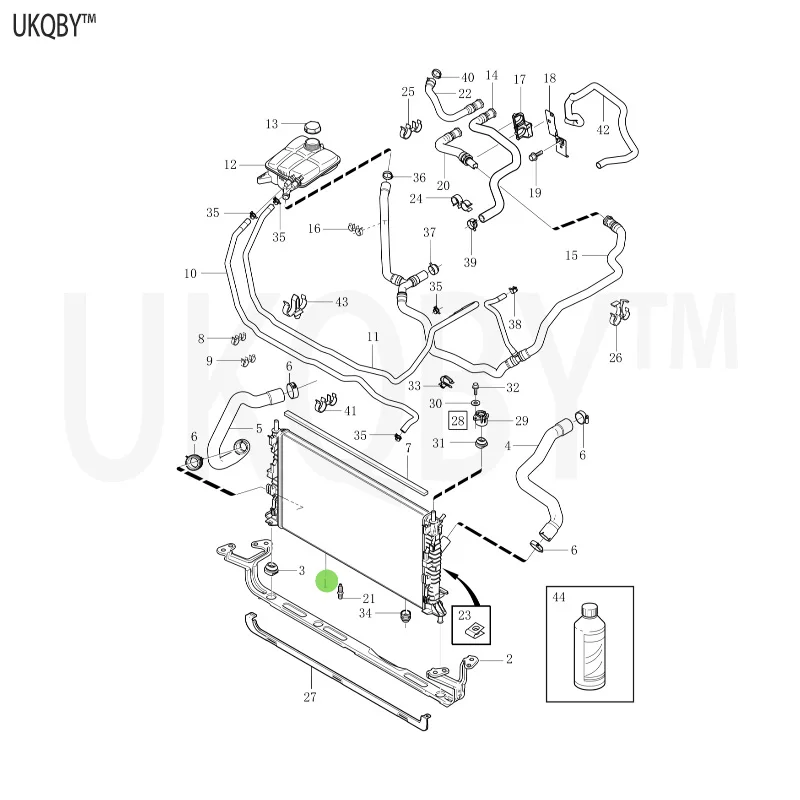 Radiator hose, lower hose clamp sealing strip, upper sealing strip, lower retainer release hose